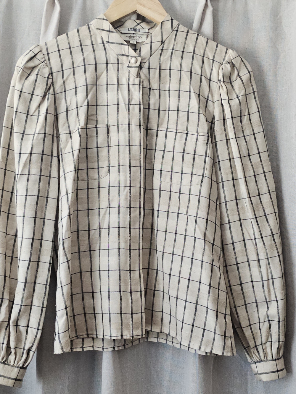 Vintage Valentino Boutique Italy Windowpane Puff Sleeve Blouse Size 4